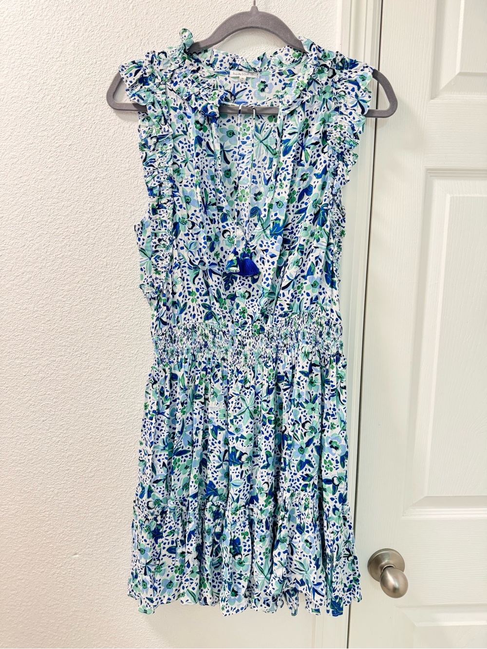 POUPETTE ST BARTH Trinity Ruffled Sleeveless Floral Dress size M green blue